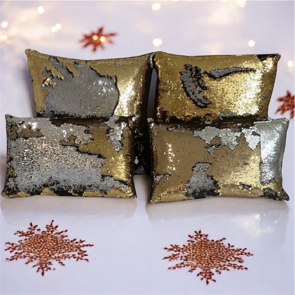 NWOT NEW Four (4) Aviva Stanoff Mermaid Sequin Gold/Silver/Black Luxury Pillows